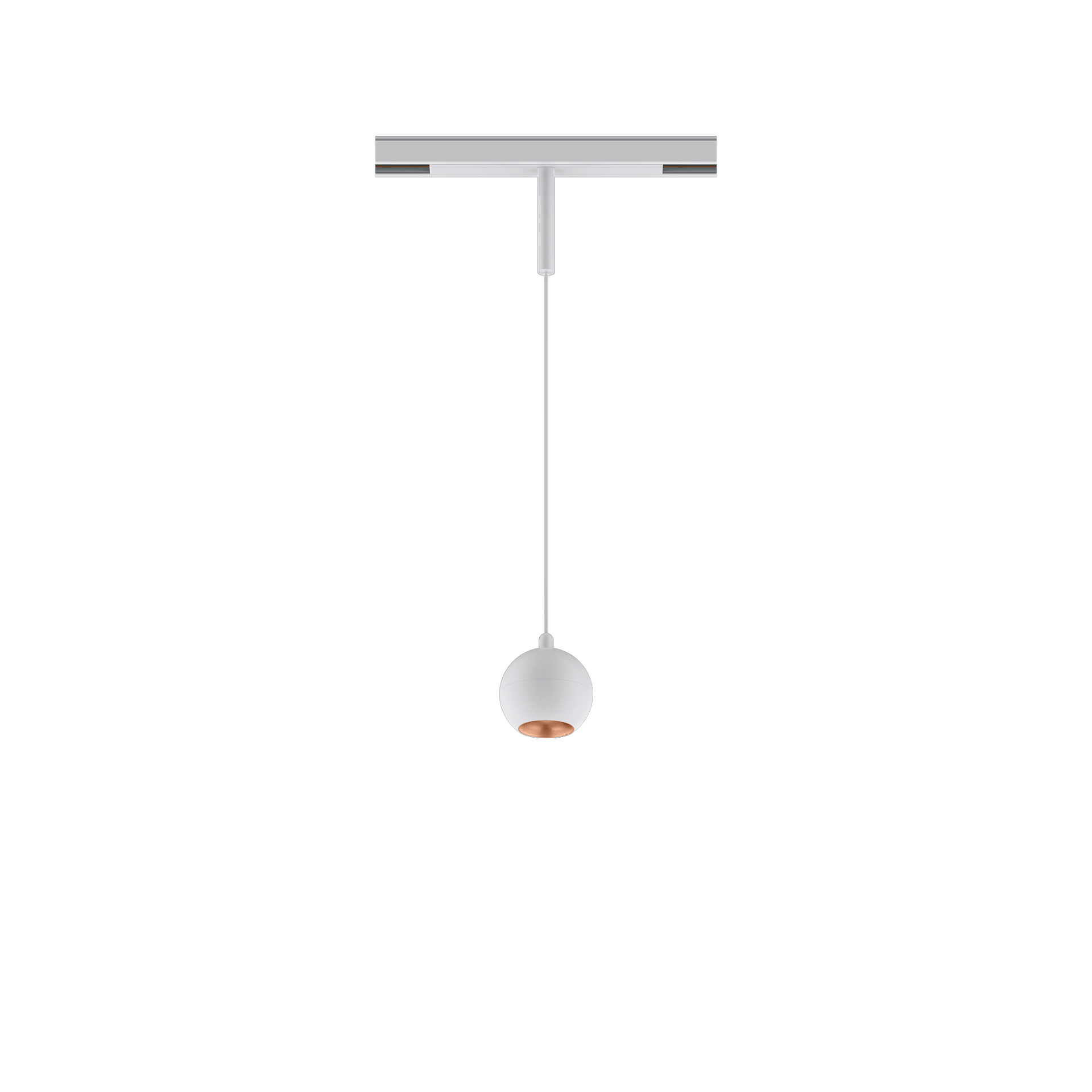White version of the Dea Eros-Q1/Q2 XS PE with copper reflector, a 48V suspended luminaire designed by Karizma Luce.