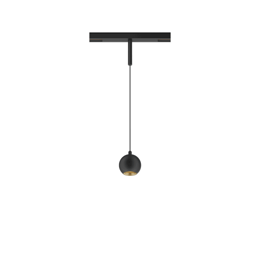 Black version of the Dea Eros-Q1/Q2 XS PE with golden reflector, a 48V suspended luminaire designed by Karizma Luce.