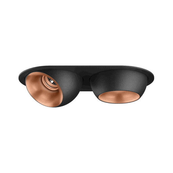 Black version of the Dea Eros S MU-in duo with copper reflector, a recessed luminaire designed by Karizma Luce.