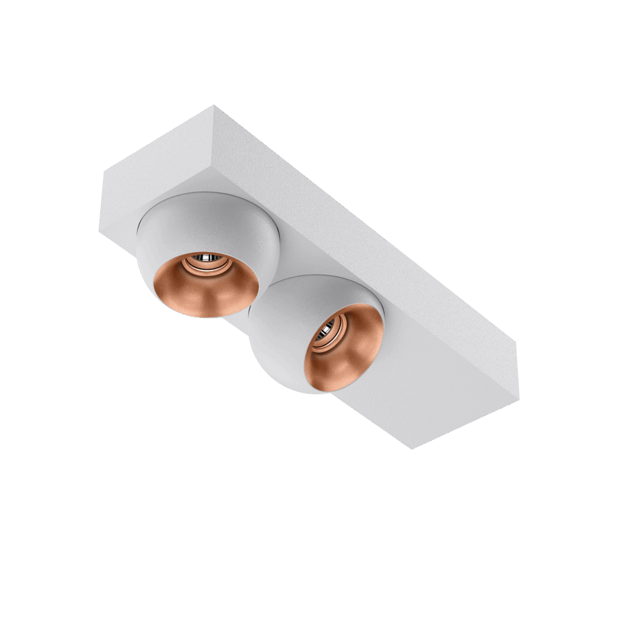 White version of the Dea Eros S SC duo with copper reflector, a surface-mounted luminaire designed by Karizma Luce.