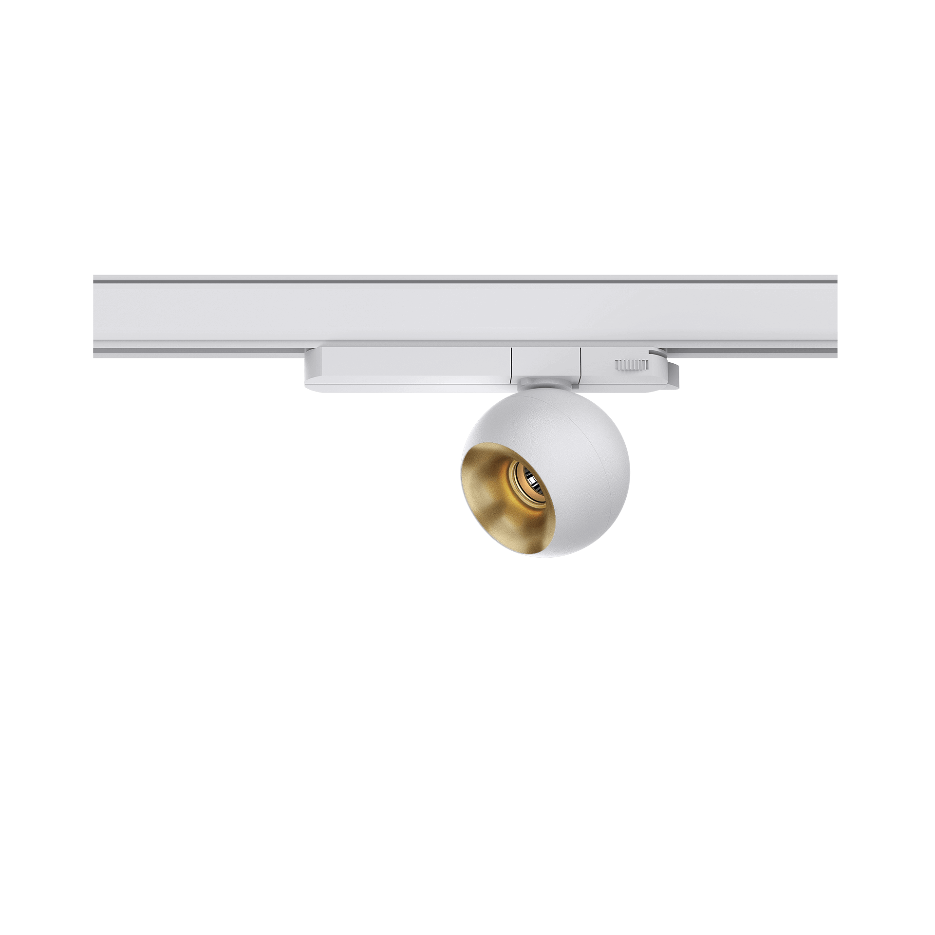White version of the Dea Eros S TR with golden reflector, a 220V track luminaire designed by Karizma Luce.