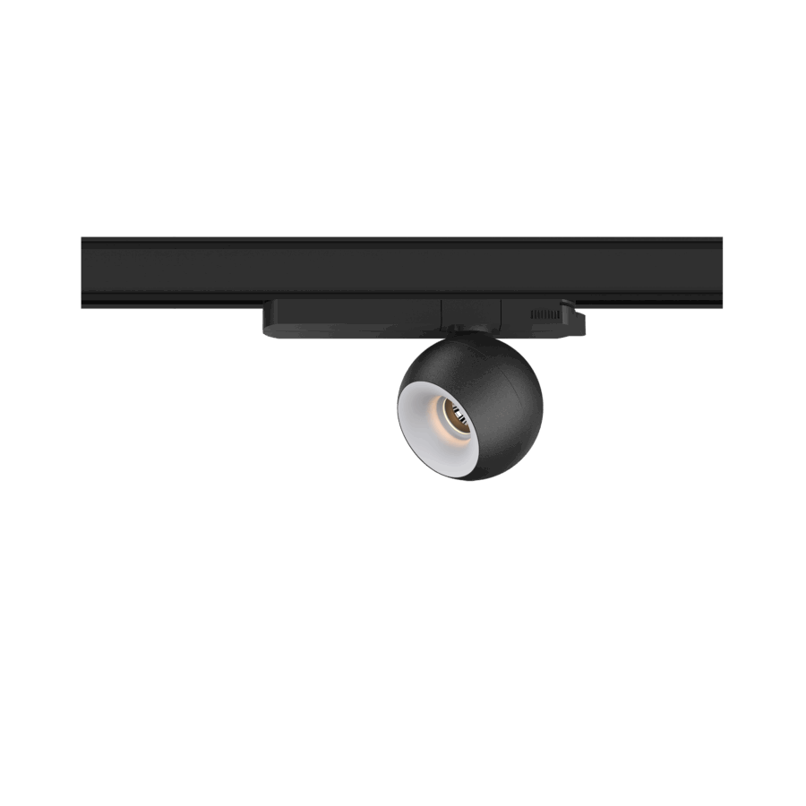 Black version of the Dea Eros S TR with white reflector, a 220V track luminaire designed by Karizma Luce.