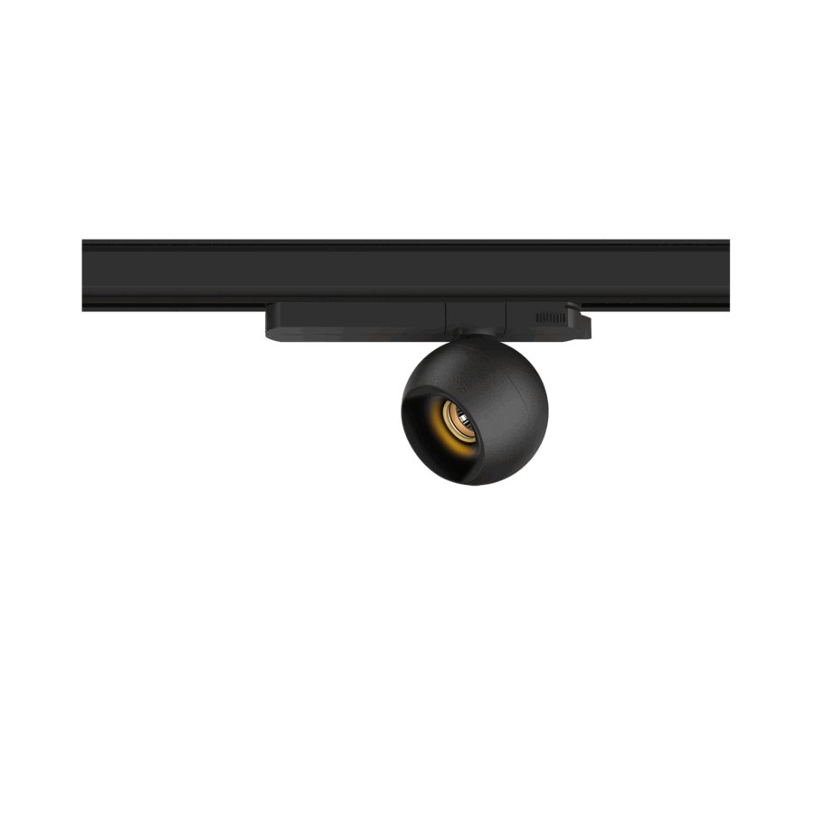 Black version of the Dea Eros S TR with black gloss reflector, a 220V track luminaire designed by Karizma Luce.