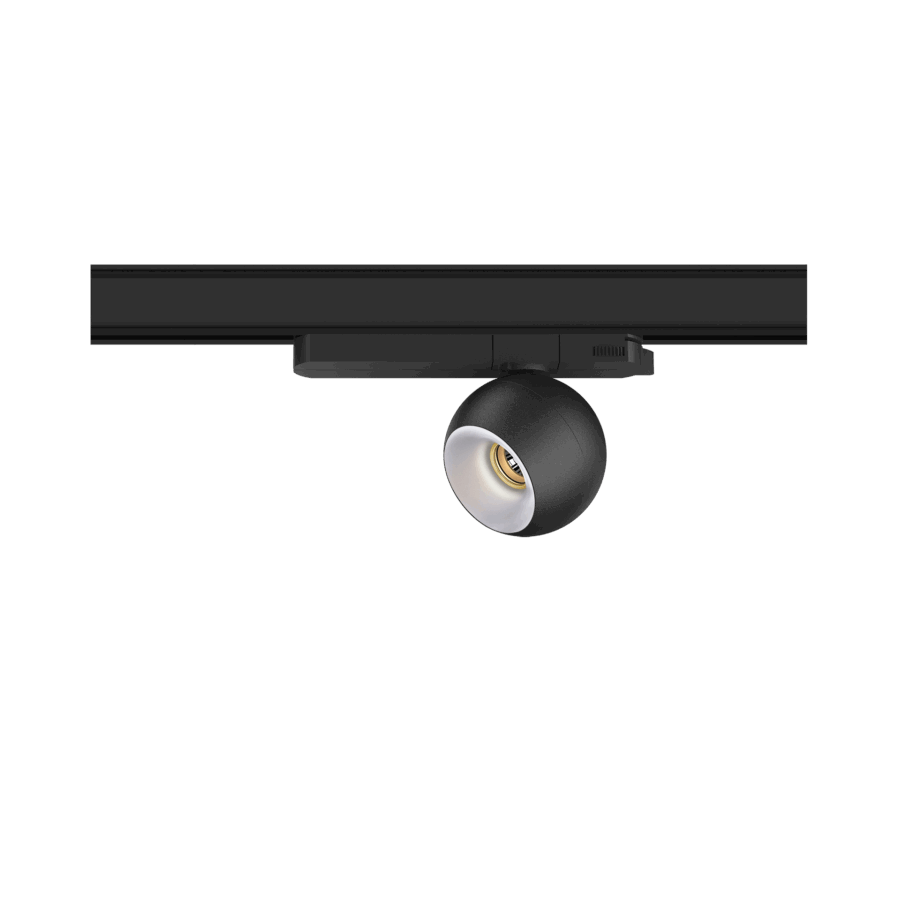 Black version of the Dea Eros S TR with chrome reflector, a 220V track luminaire designed by Karizma Luce.