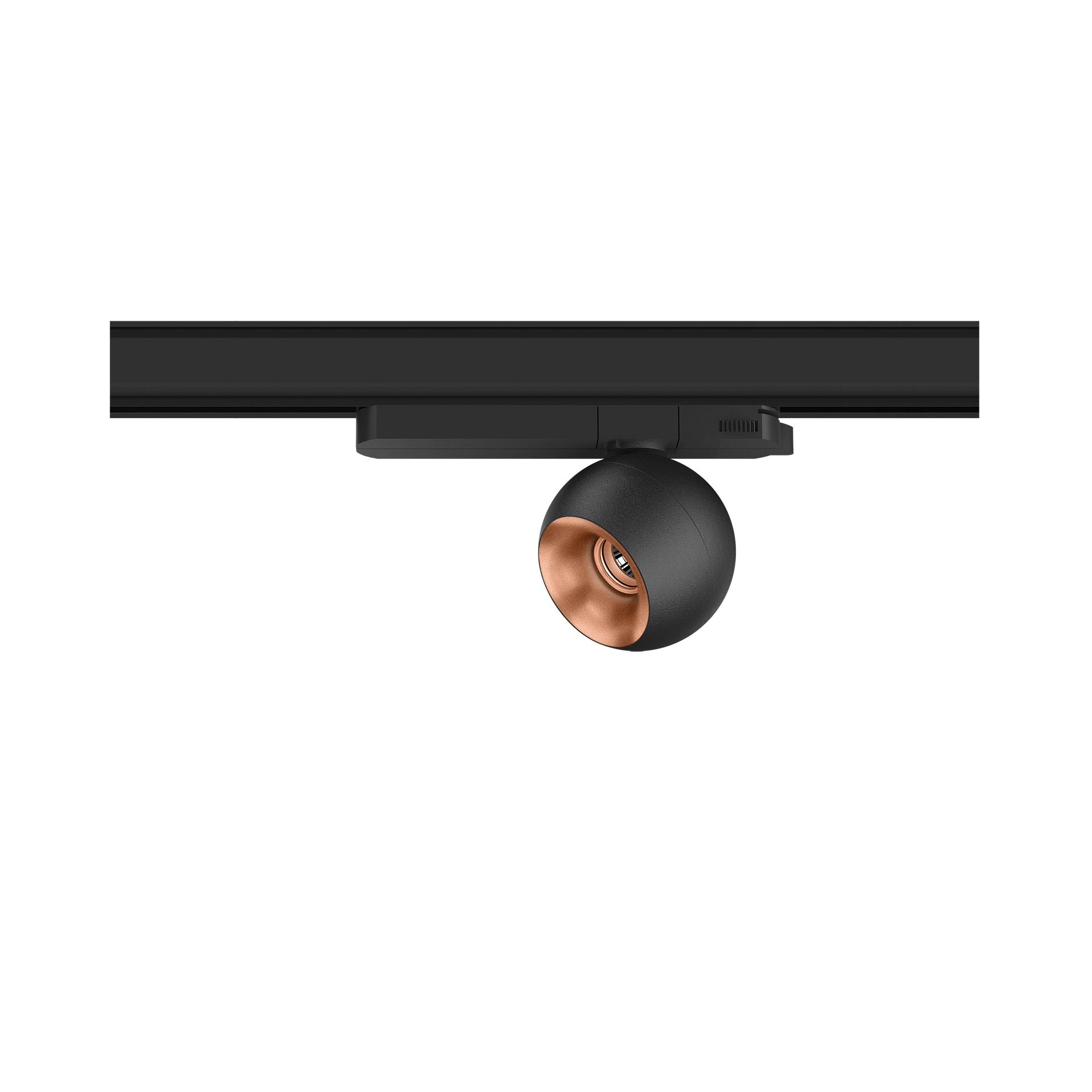 Black version of the Dea Eros S TR with copper reflector, a 220V track luminaire designed by Karizma Luce.