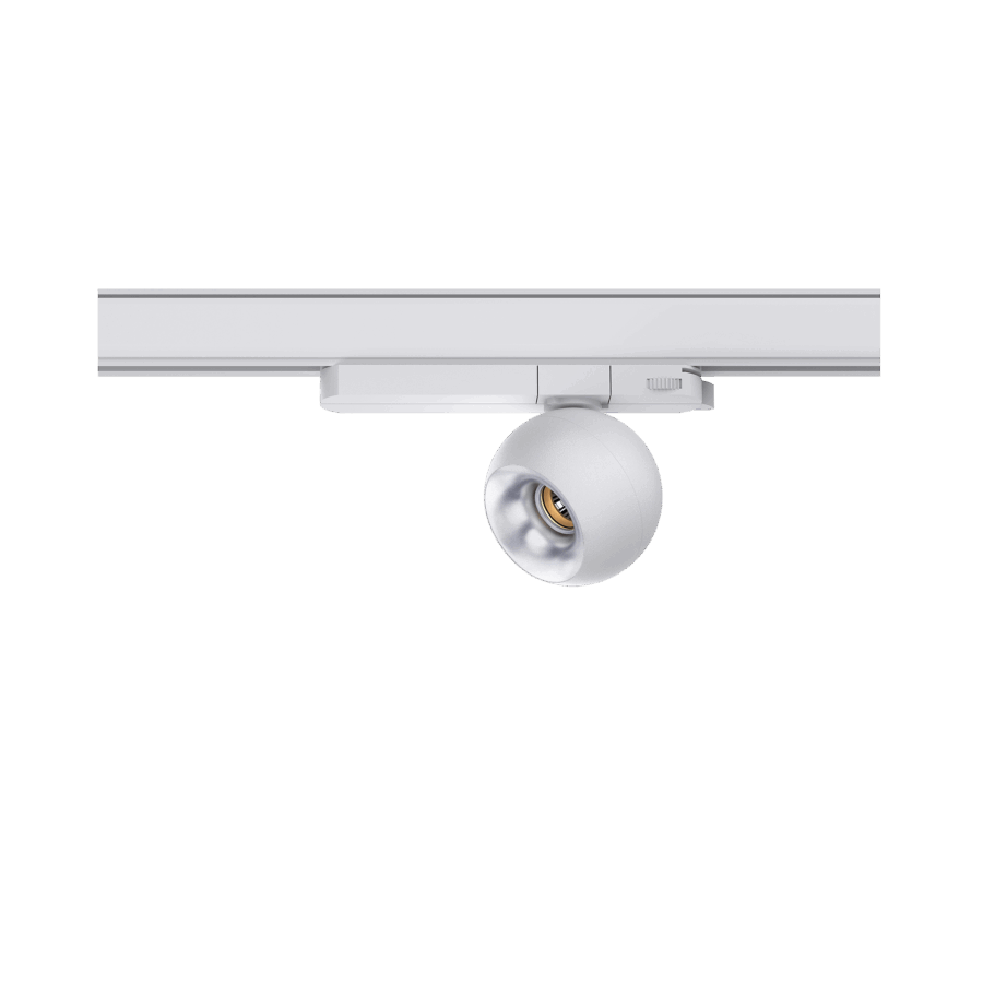 White version of the Dea Eros S TR with silver reflector, a 220V track luminaire designed by Karizma Luce.