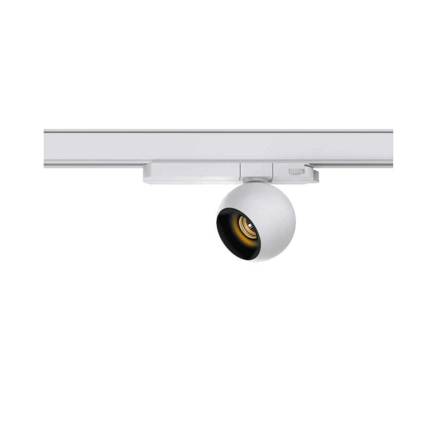 White version of the Dea Eros S TR with black gloss reflector, a 220V track luminaire designed by Karizma Luce.