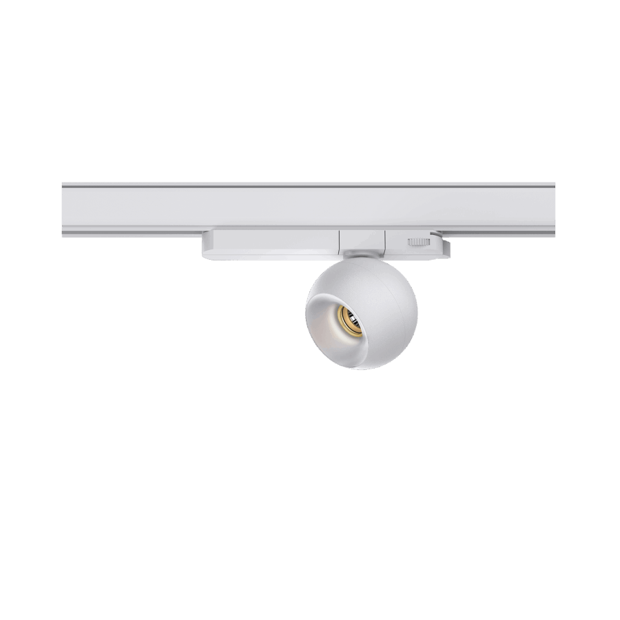 White version of the Dea Eros S TR with chrome reflector, a 220V track luminaire designed by Karizma Luce.