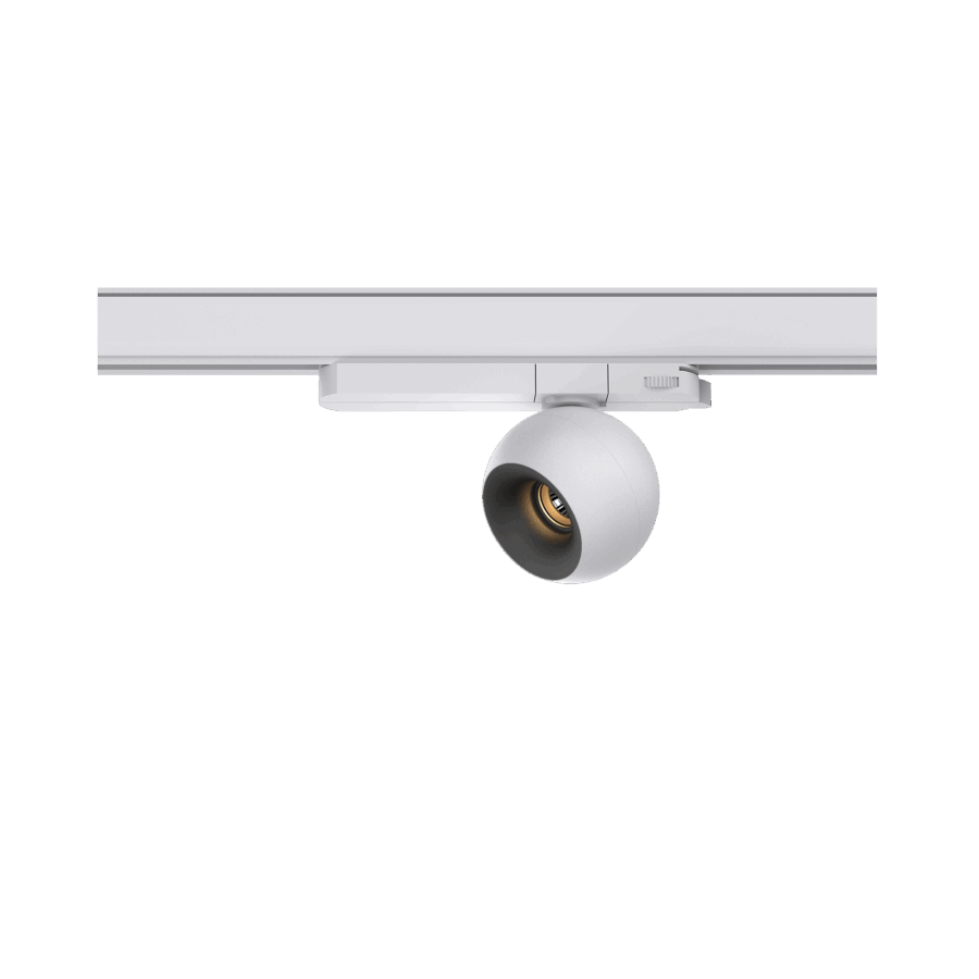 White version of the Dea Eros S TR with black matt reflector, a 220V track luminaire designed by Karizma Luce.