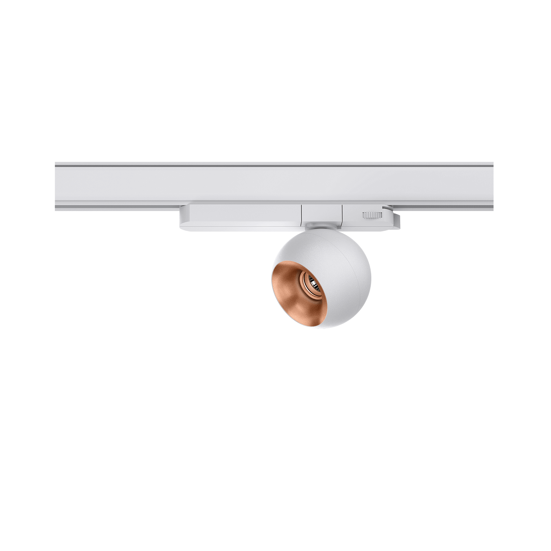 White version of the Dea Eros S TR with copper reflector, a 220V track luminaire designed by Karizma Luce.