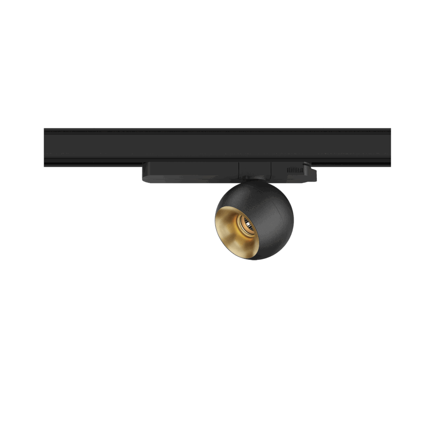 Black version of the Dea Eros S TR with golden reflector, a 220V track luminaire designed by Karizma Luce.
