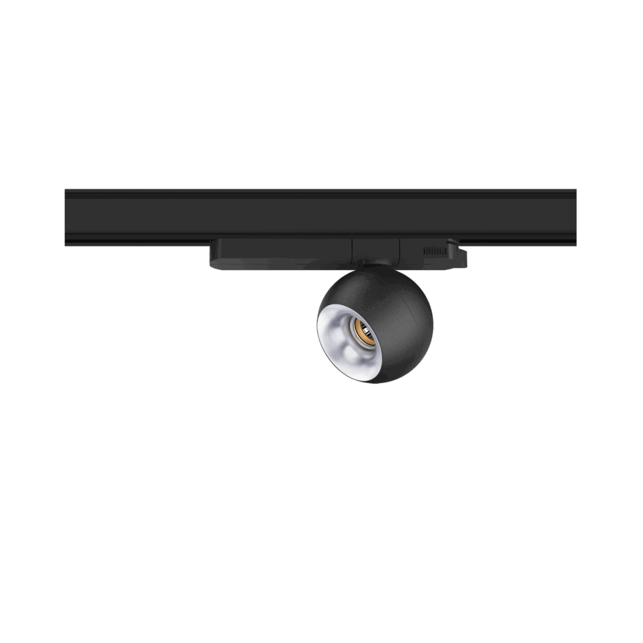 Black version of the Dea Eros S TR with silver reflector, a 220V track luminaire designed by Karizma Luce.