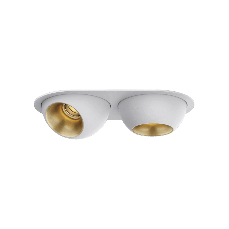 White version of the Dea Eros XS MU-in duo with golden reflector, a recessed luminaire designed by Karizma Luce.