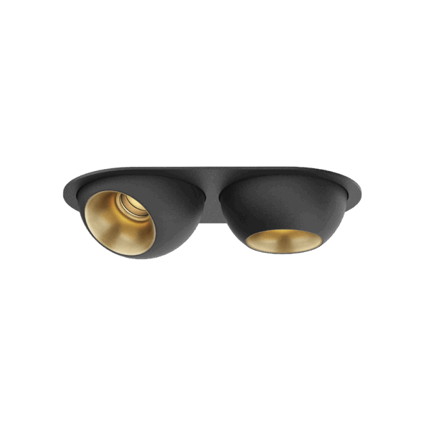 Black version of the Dea Eros XS MU-in duo with golden reflector, a recessed luminaire designed by Karizma Luce.