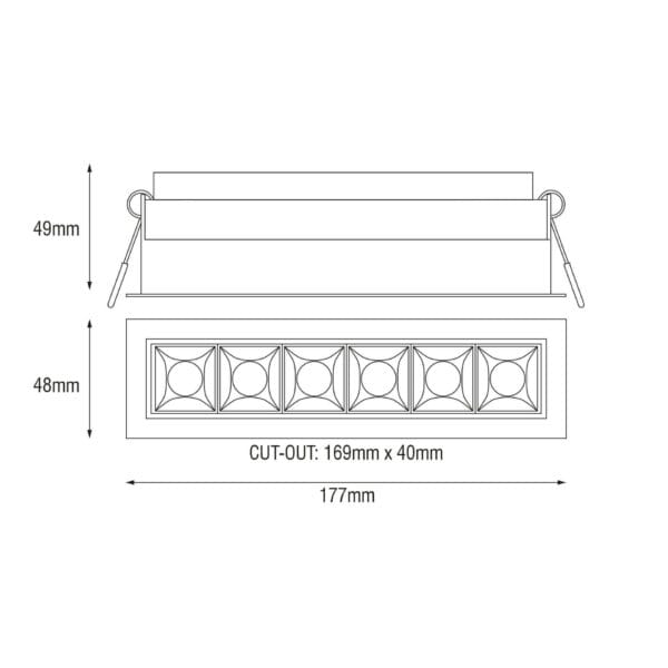 Technical drawing of the Sei, a fixed recessed luminaire, illustrating detailed dimensions and design specifications.
