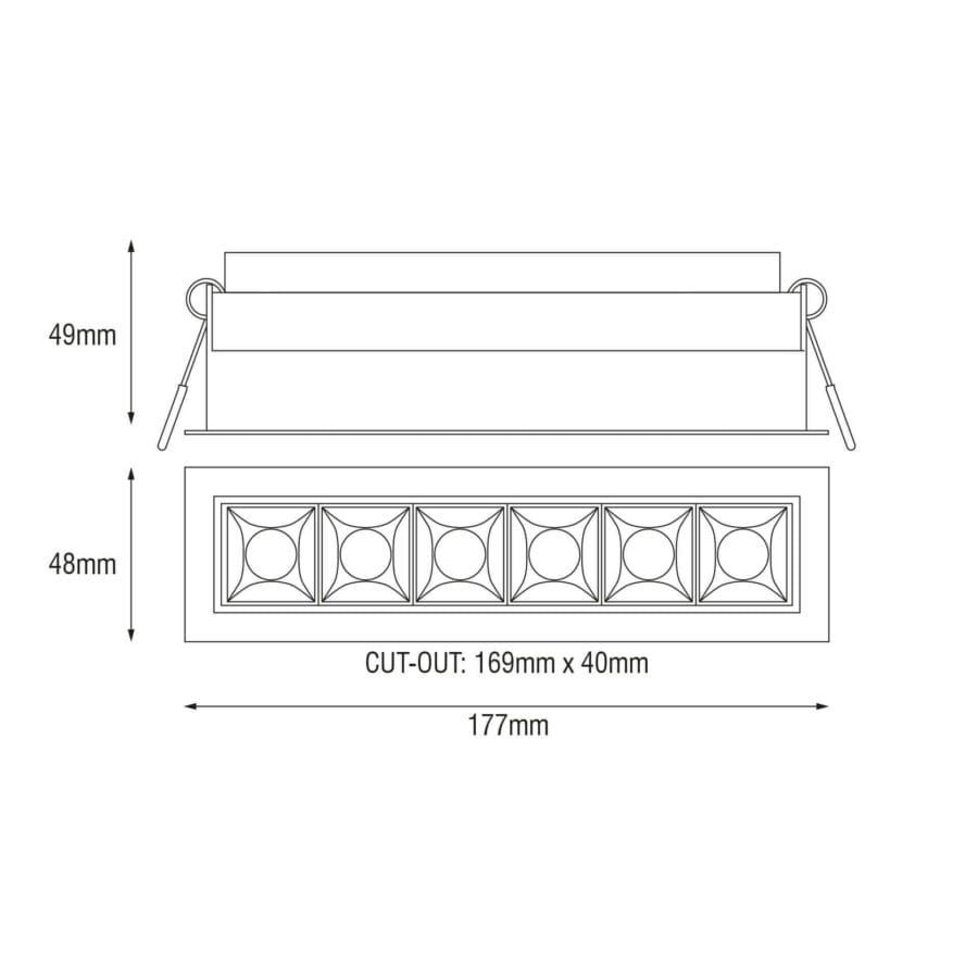 Technical drawing of the Sei, a fixed recessed luminaire, illustrating detailed dimensions and design specifications.