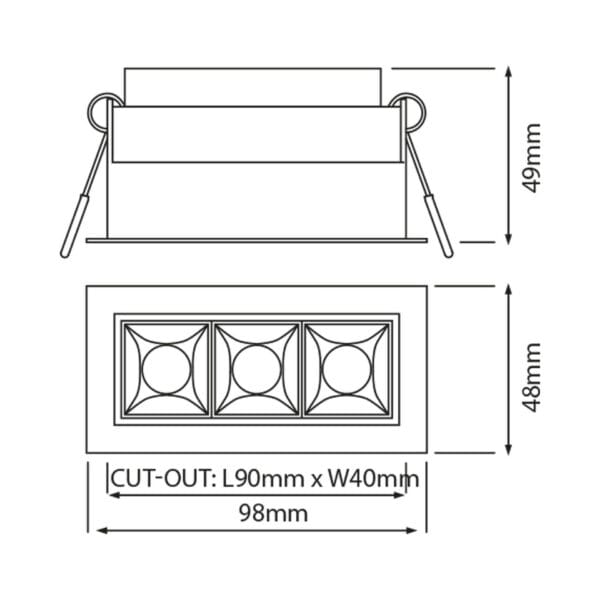 Technical drawing of the Tre, a fixed recessed luminaire, illustrating detailed dimensions and design specifications.
