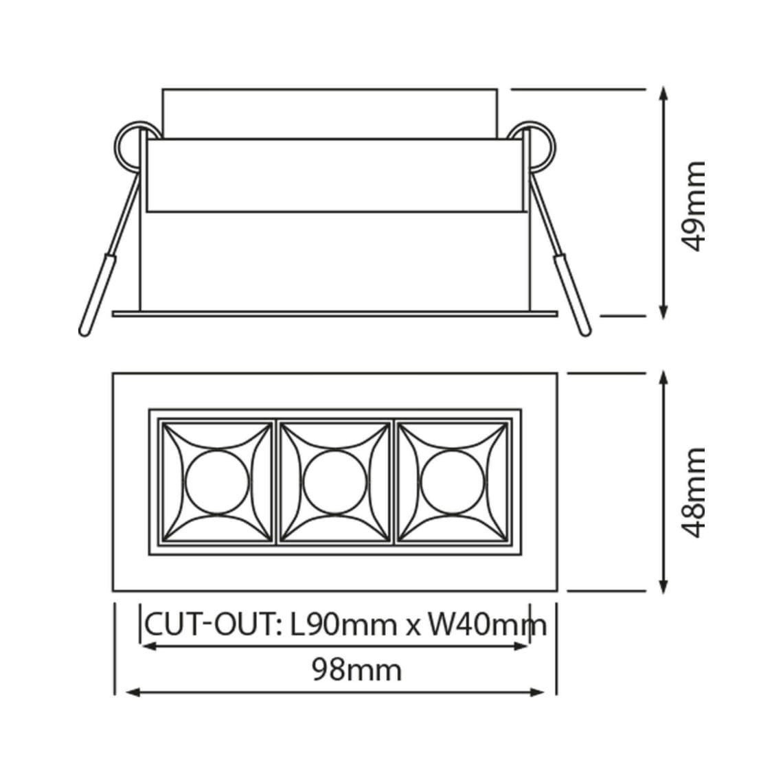 Technical drawing of the Tre, a fixed recessed luminaire, illustrating detailed dimensions and design specifications.