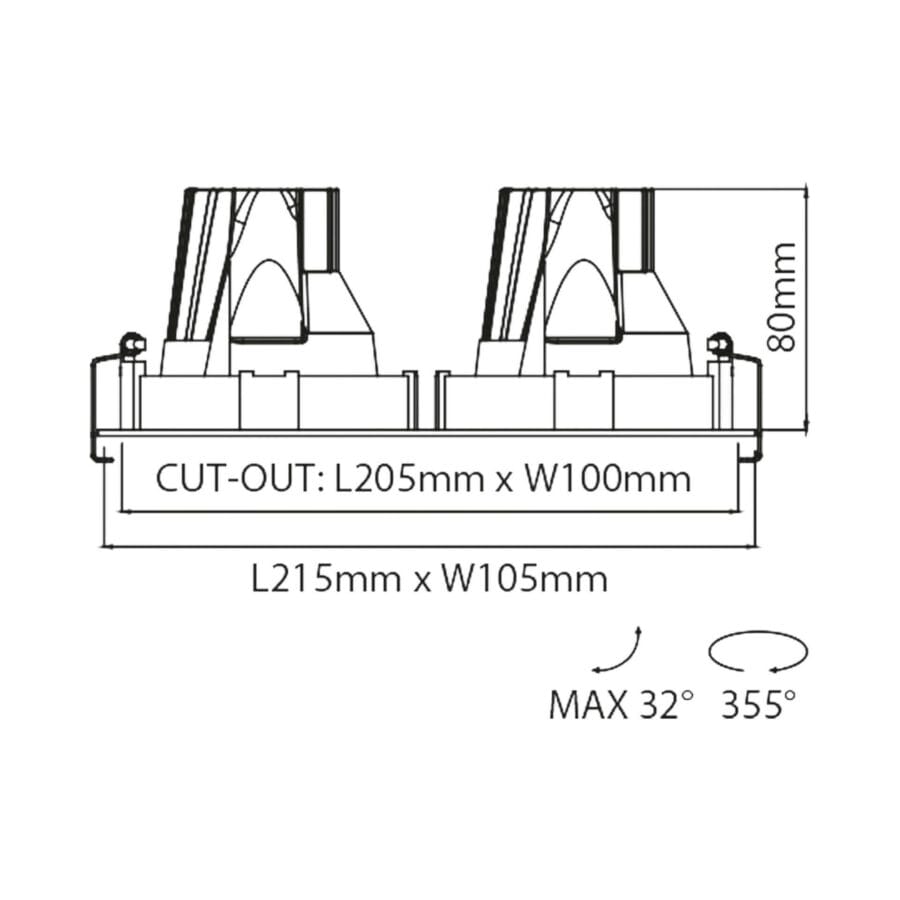 Technical drawing of the Dea Ceres M duo, an adjustable recessed luminaire, illustrating detailed dimensions and design specifications.