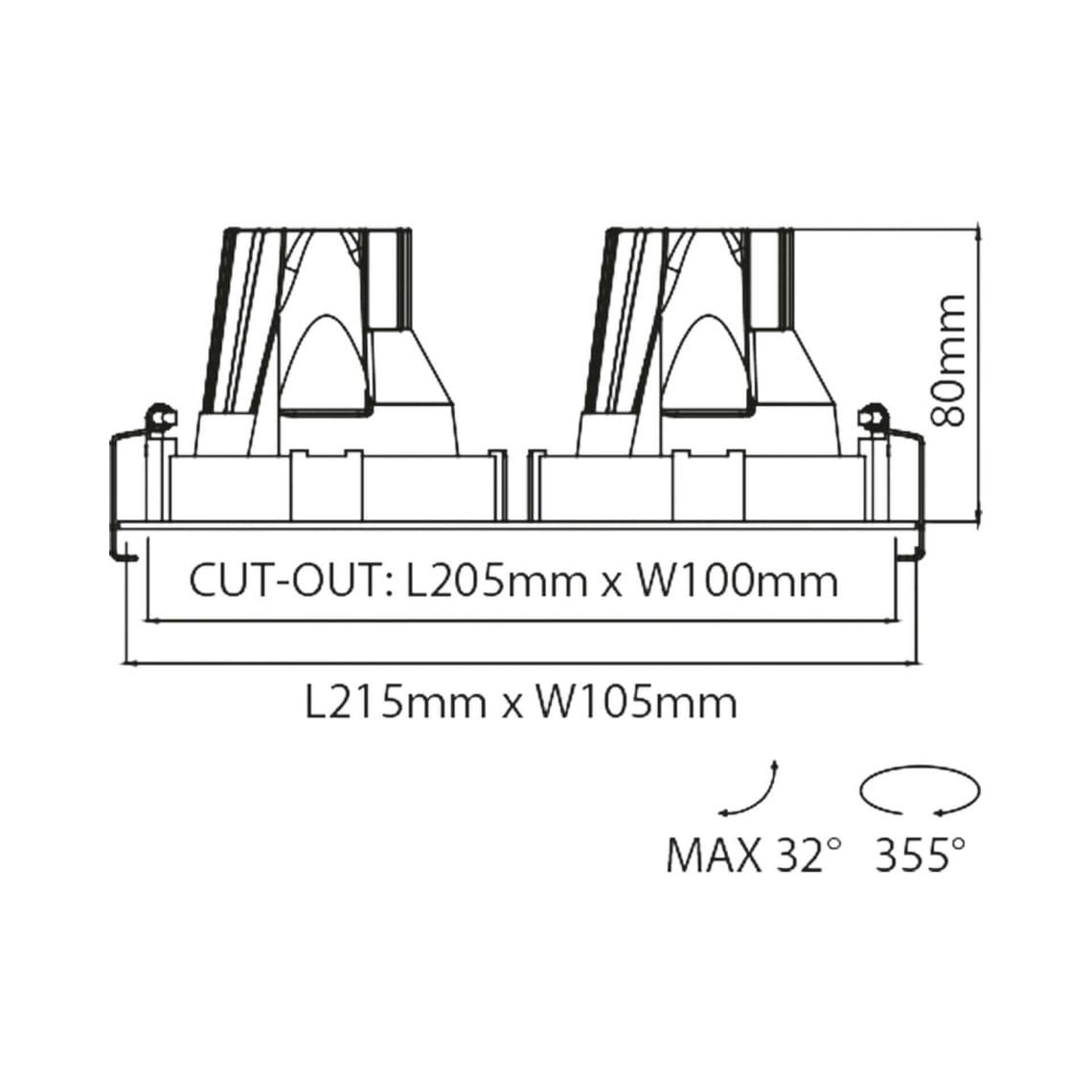 Drawing Dea Ceres M duo Technical drawing of the Dea Ceres M duo, an adjustable recessed luminaire, illustrating detailed dimensions and design specifications.