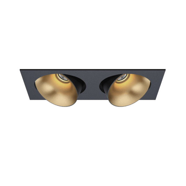 Black version of the Dea Ceres M duo with golden reflector, an adjustable recessed luminaire designed by Karizma Luce.