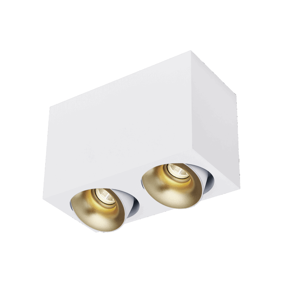 White version of the Dea Fauna S duo with golden reflector, a square surface-mounted luminaire designed by Karizma Luce.