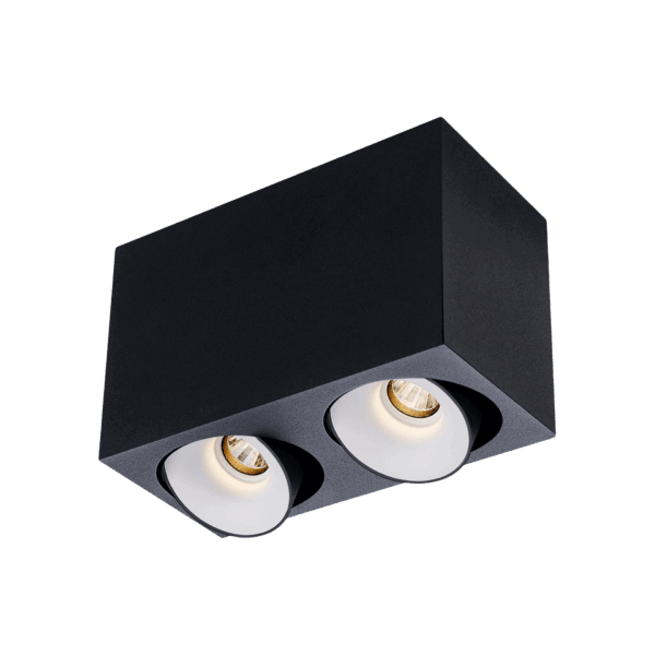 Black version of the Dea Fauna S duo with white reflector, a square surface-mounted luminaire designed by Karizma Luce.