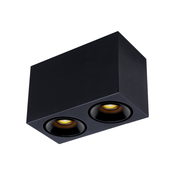 Black version of the Dea Fauna S duo with black gloss reflector, a square surface-mounted luminaire designed by Karizma Luce.