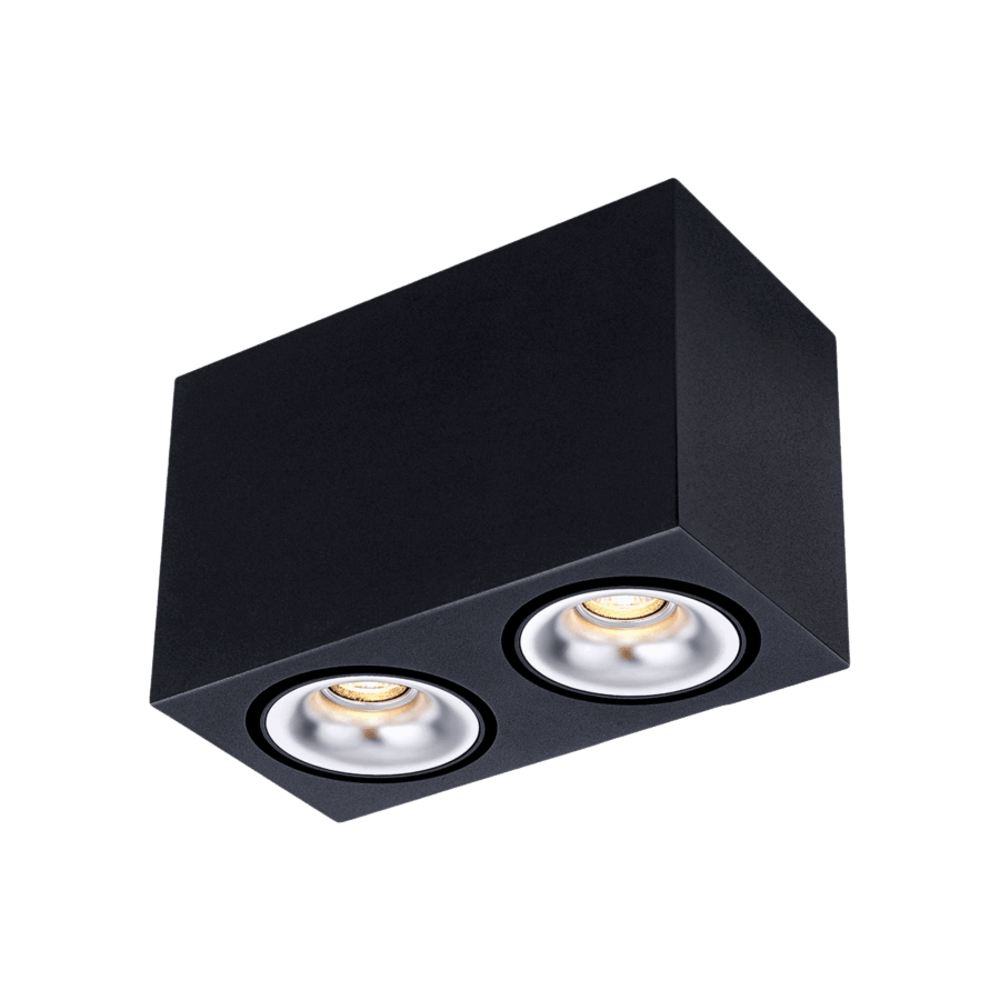 Black version of the Dea Fauna S duo with chrome reflector, a square surface-mounted luminaire designed by Karizma Luce.