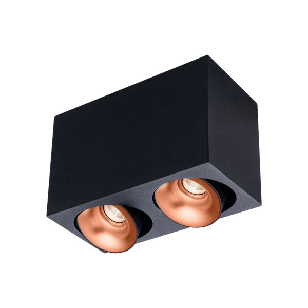 Black version of the Dea Fauna S duo with copper reflector, a square surface-mounted luminaire designed by Karizma Luce.