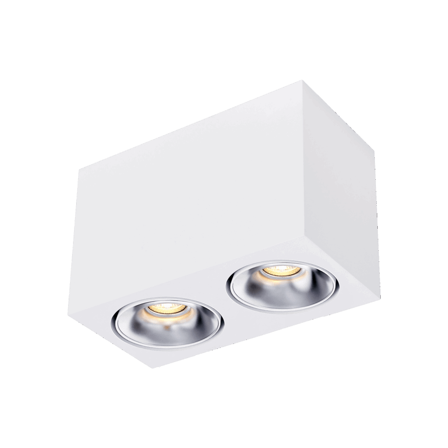White version of the Dea Fauna S duo with silver reflector, a square surface-mounted luminaire designed by Karizma Luce.
