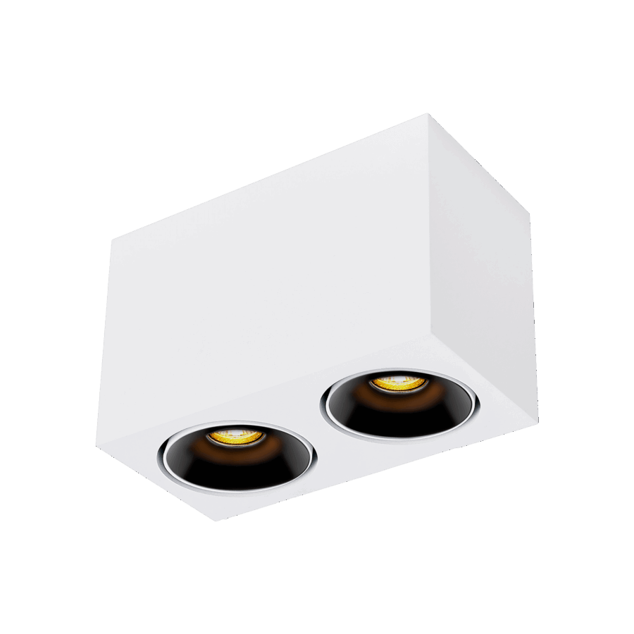 White version of the Dea Fauna S duo with black gloss reflector, a square surface-mounted luminaire designed by Karizma Luce.