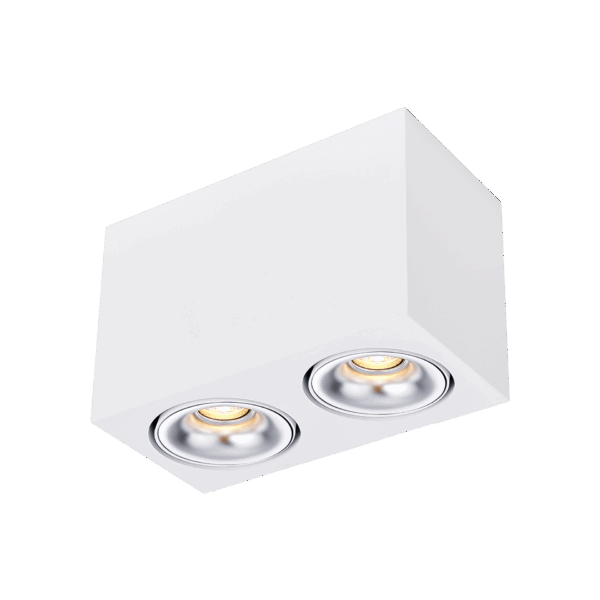 White version of the Dea Fauna S duo with chrome reflector, a square surface-mounted luminaire designed by Karizma Luce.