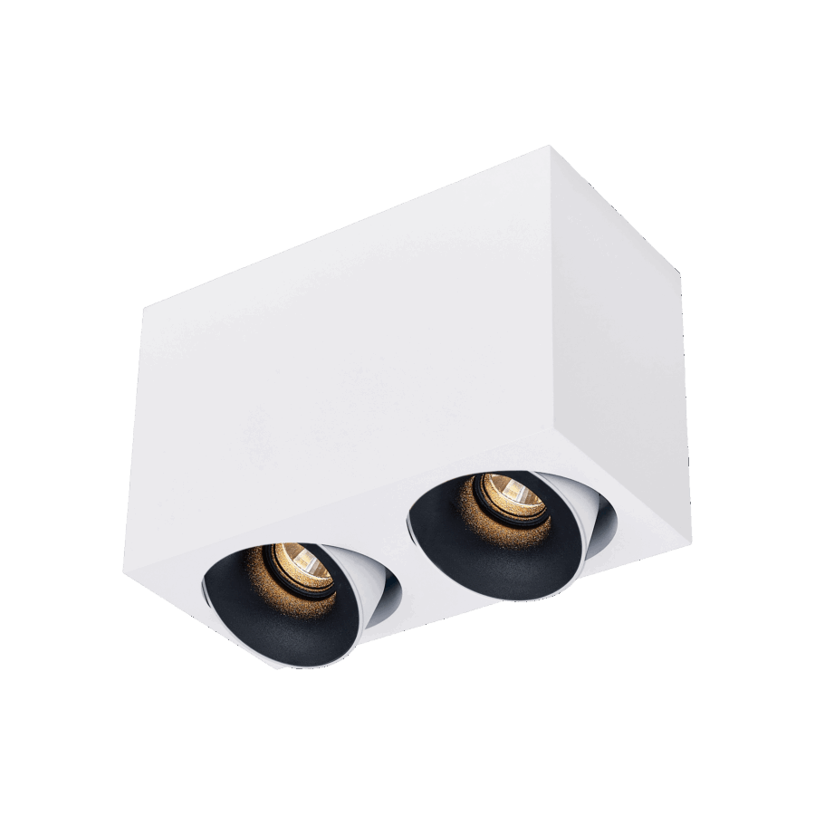 White version of the Dea Fauna S duo with black matt reflector, a square surface-mounted luminaire designed by Karizma Luce.