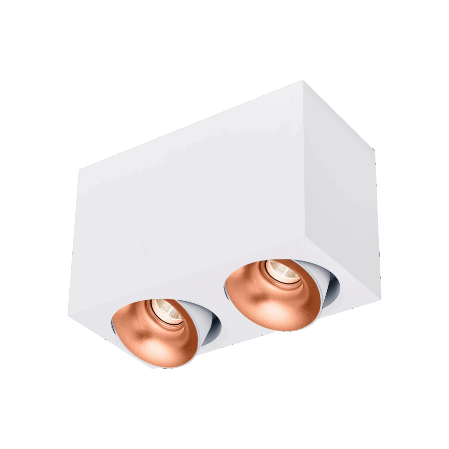 White version of the Dea Fauna S duo with copper reflector, a square surface-mounted luminaire designed by Karizma Luce.