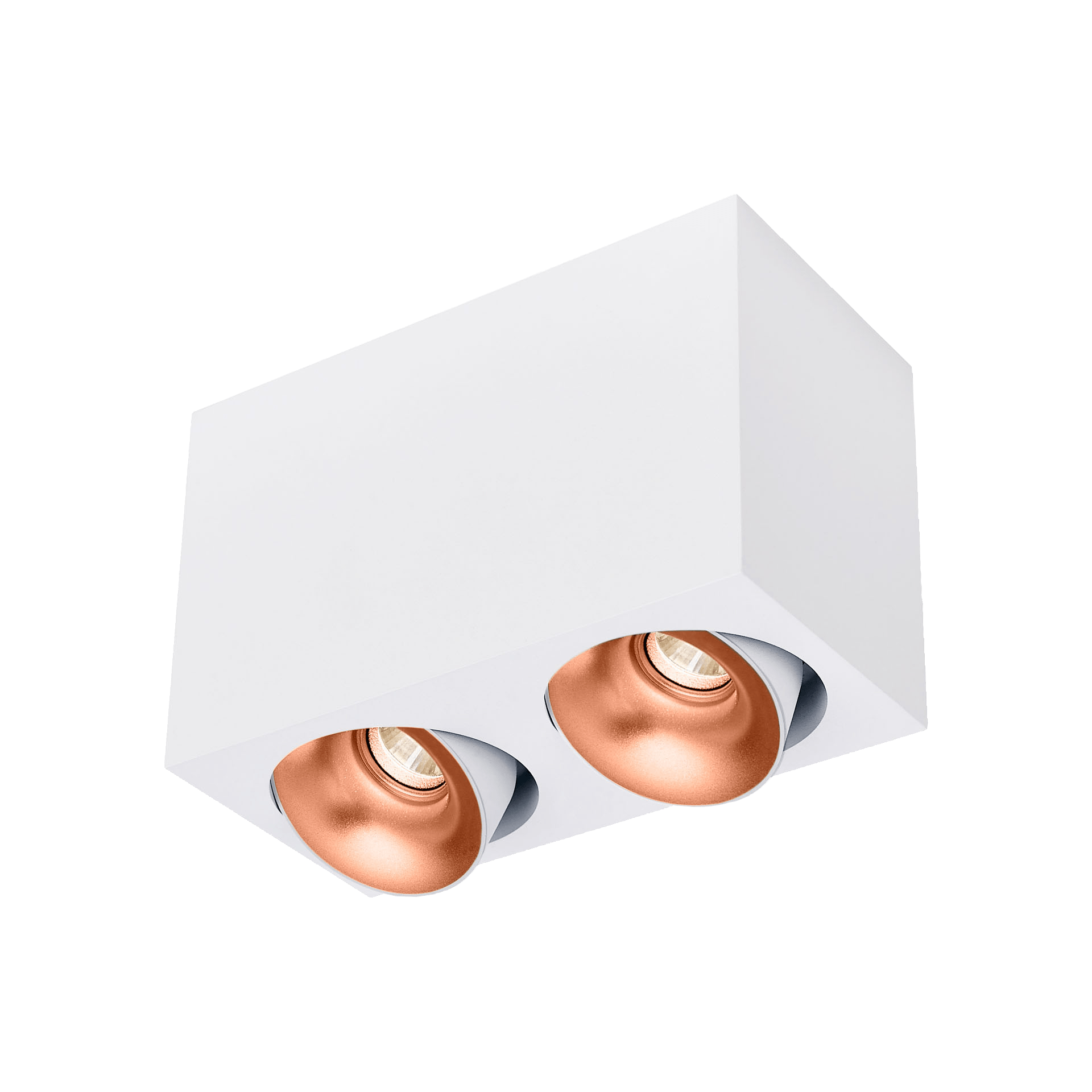 White version of the Dea Fauna S duo with copper reflector, a square surface-mounted luminaire designed by Karizma Luce.