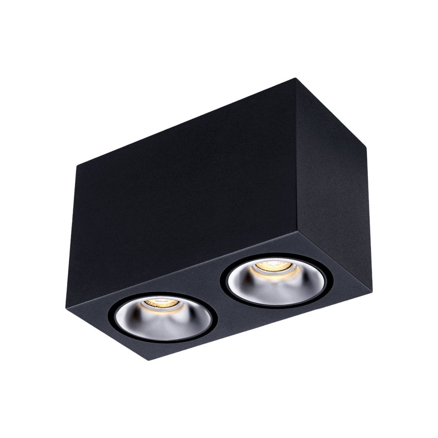 Black version of the Dea Fauna S duo with silver reflector, a square surface-mounted luminaire designed by Karizma Luce.