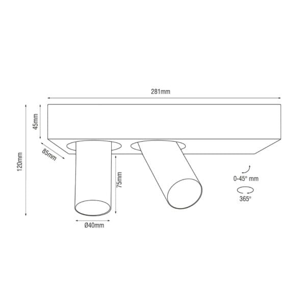 Technical drawing of the Dea Feronia XS, a surface-mounted luminaire, illustrating detailed dimensions and design specifications.