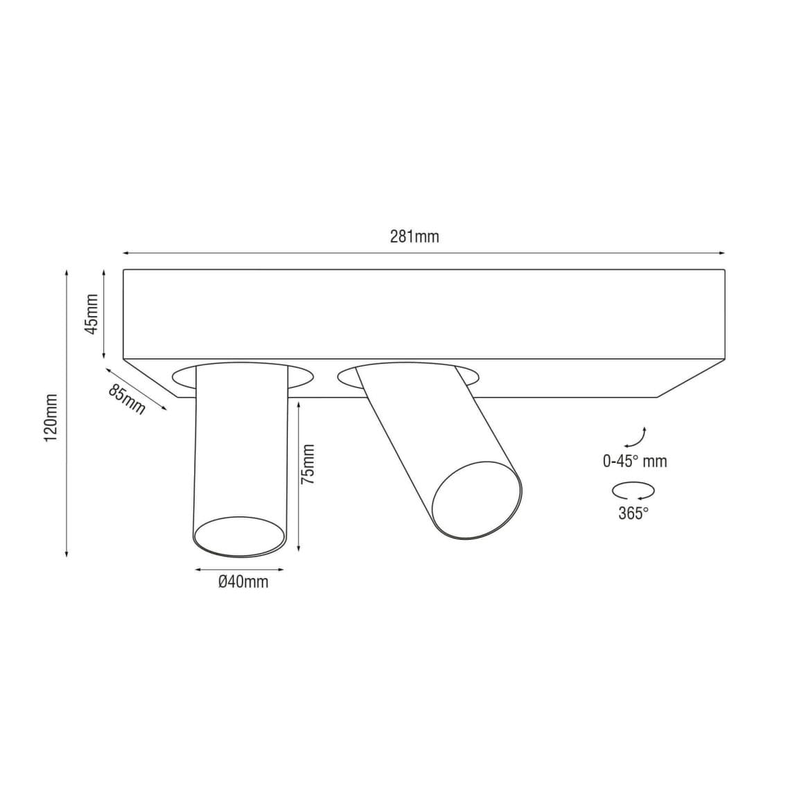 Technical drawing of the Dea Feronia XS, a surface-mounted luminaire, illustrating detailed dimensions and design specifications.