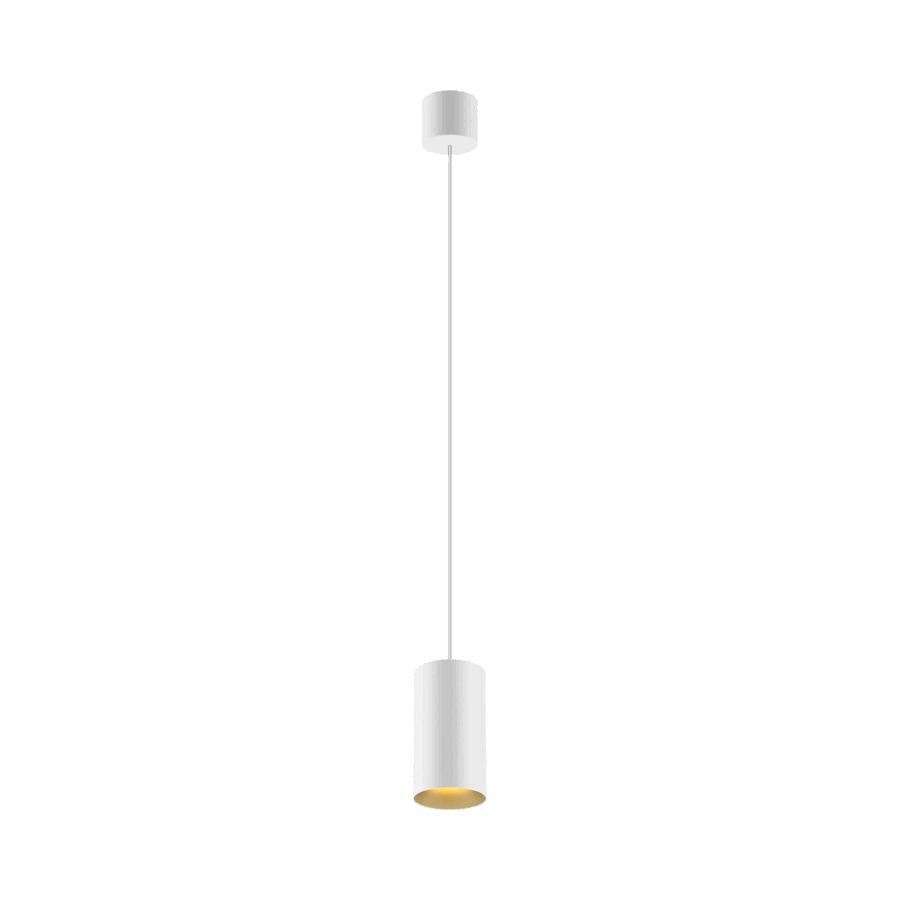 White version of the Dea Vesta M PE with golden reflector, a pendant luminaire designed by Karizma Luce.