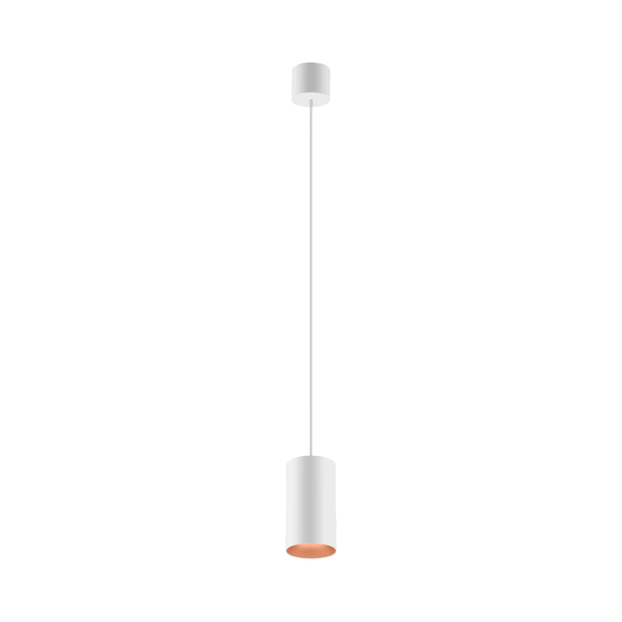White version of the Dea Vesta M PE with copper reflector, a pendant luminaire designed by Karizma Luce.