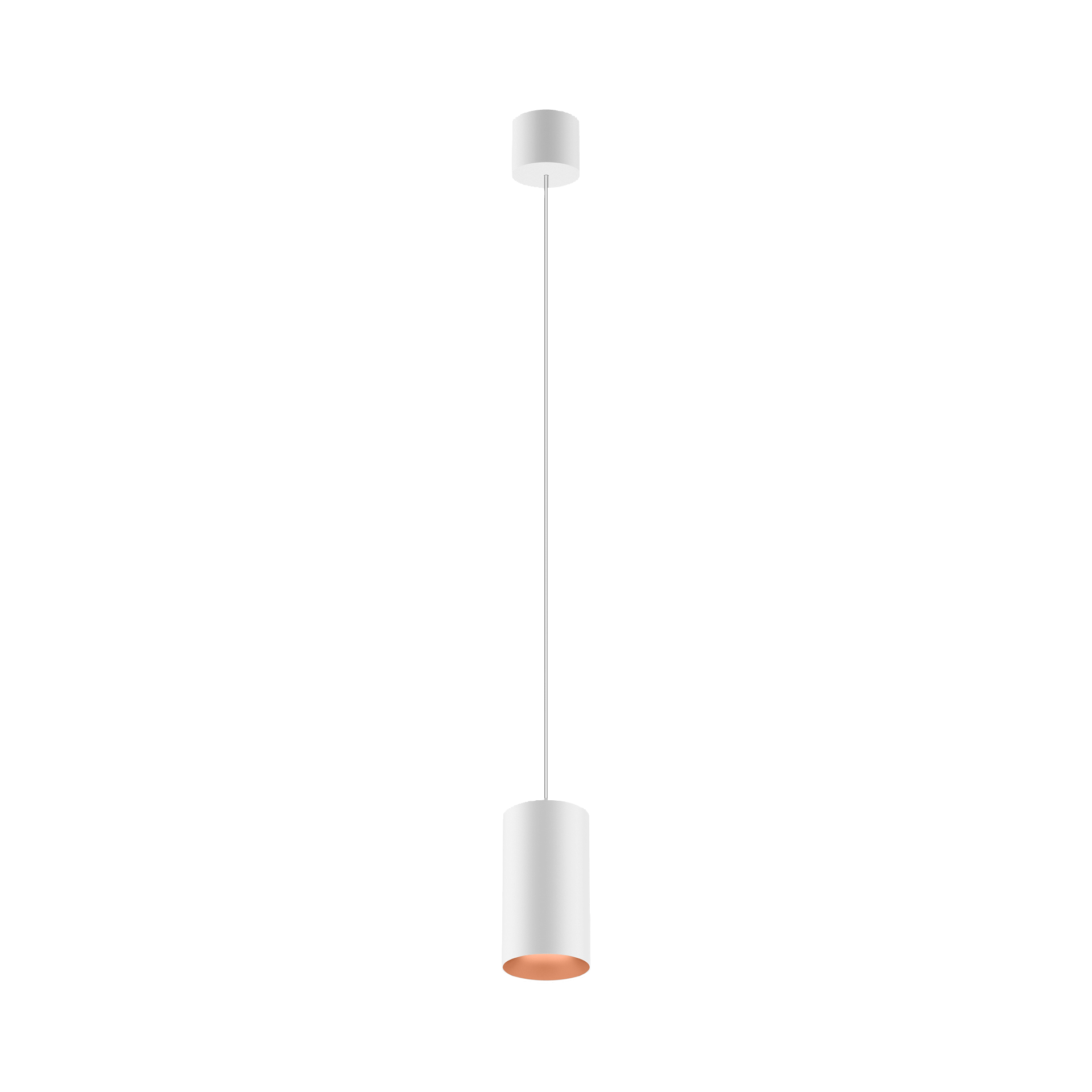 White version of the Dea Vesta M PE with copper reflector, a pendant luminaire designed by Karizma Luce.