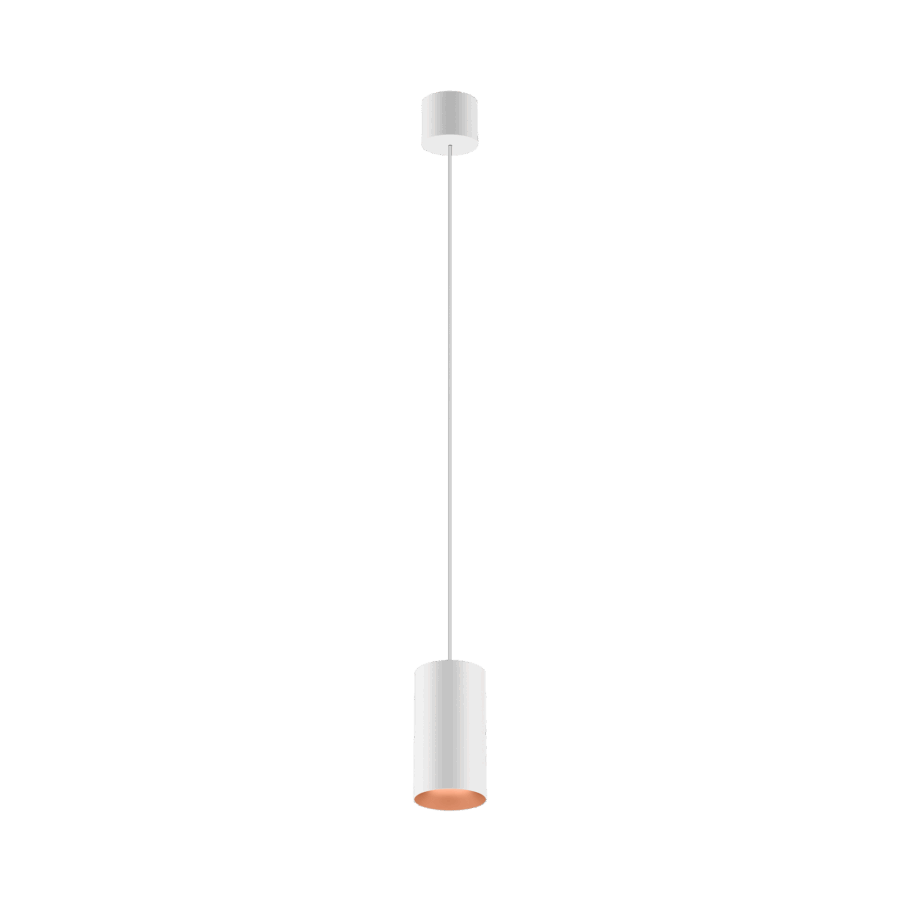 White version of the Dea Vesta S PE with copper reflector, a pendant luminaire designed by Karizma Luce.