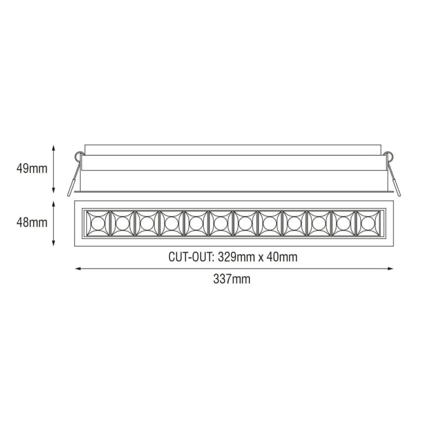 Technical drawing of the Dodici, a fixed recessed luminaire, illustrating detailed dimensions and design specifications.