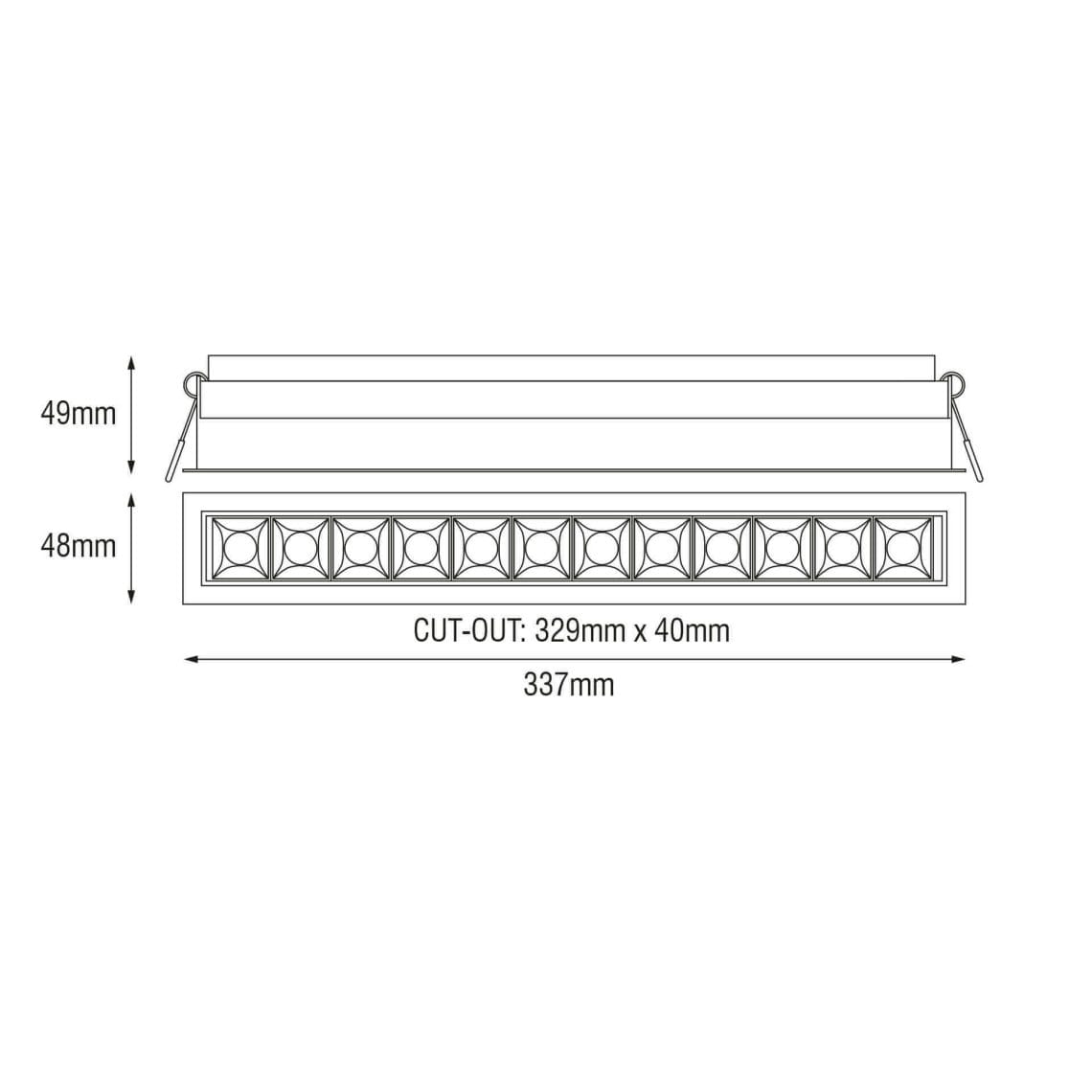 Technical drawing of the Dodici, a fixed recessed luminaire, illustrating detailed dimensions and design specifications.
