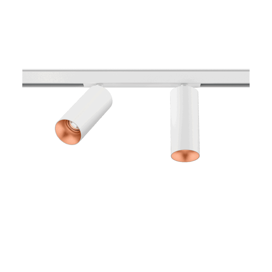 White version of the Dea Juno-Q1 duo XS with copper reflector, a 48V track spot designed by Karizma Luce.
