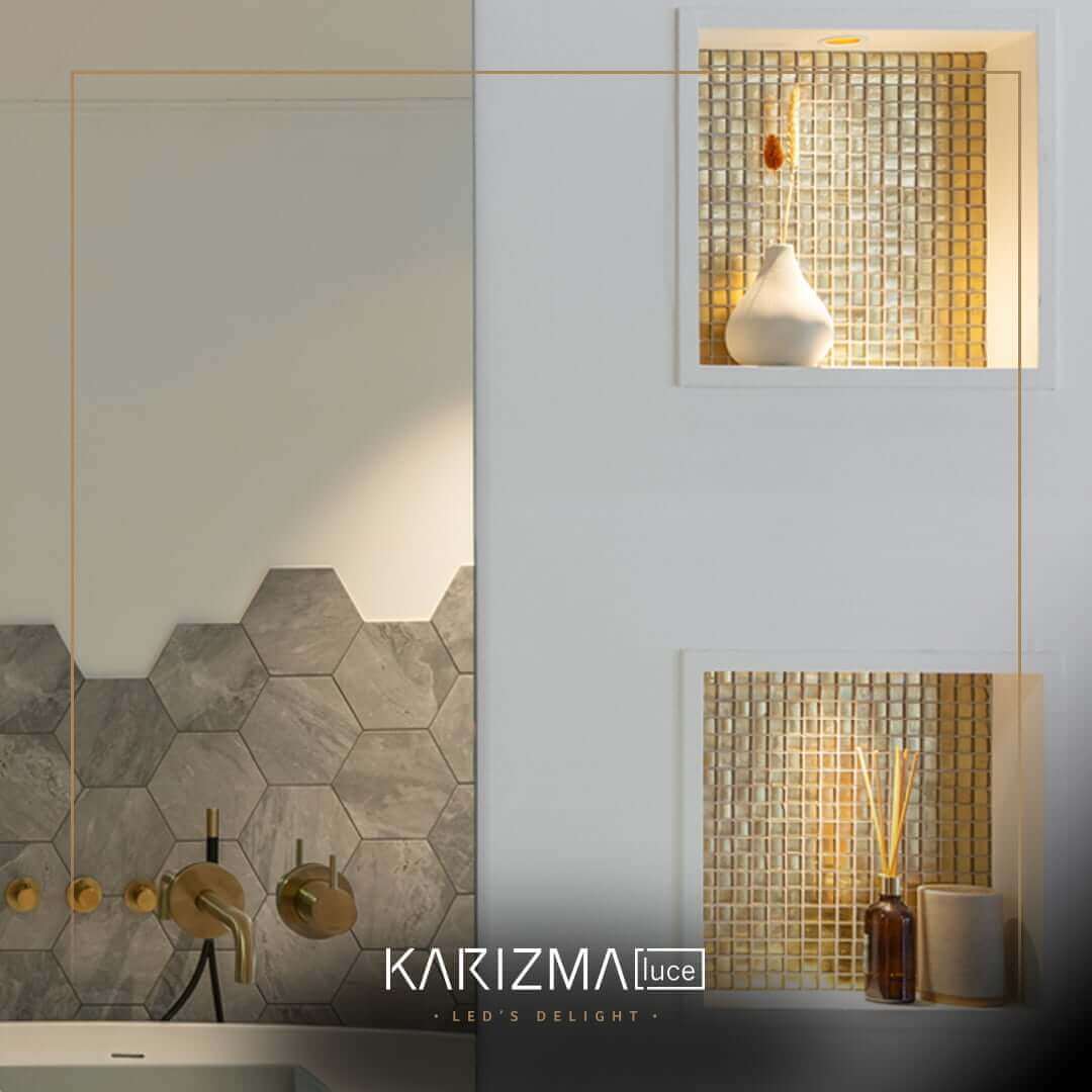 Dea Amata in golden bathroom niche.