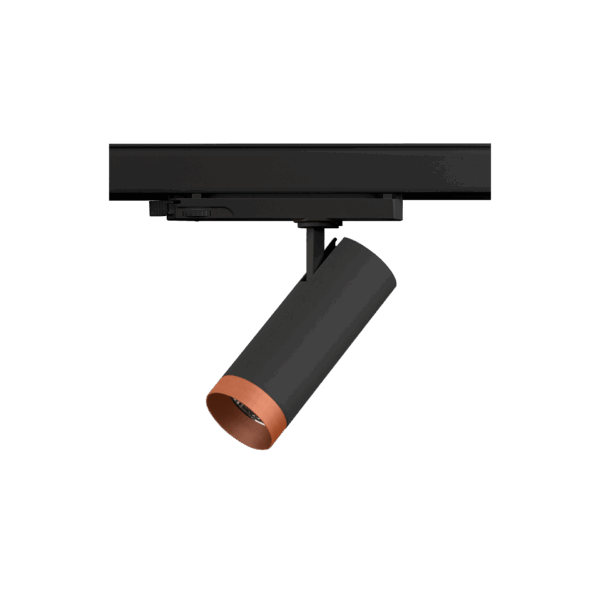 Black version of the Caro with copper ring, a 220V track spot designed by Karizma Luce.