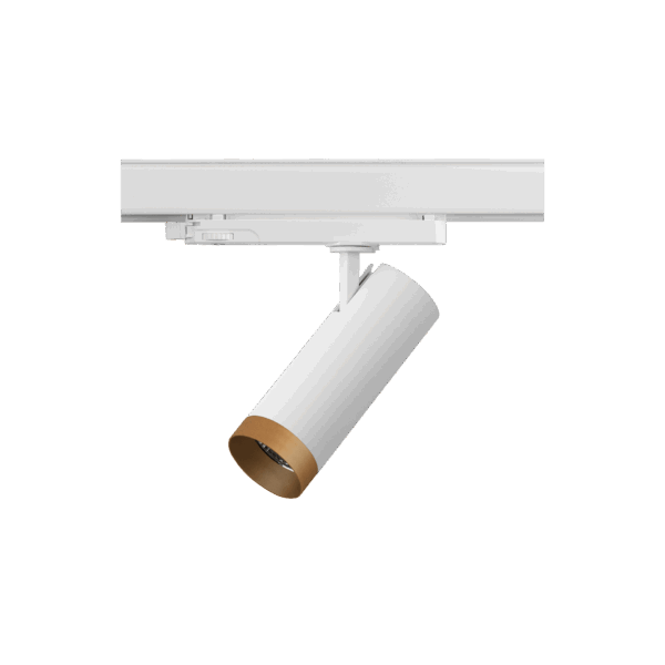 White version of the Caro with golden ring, a 220V track spot designed by Karizma Luce.