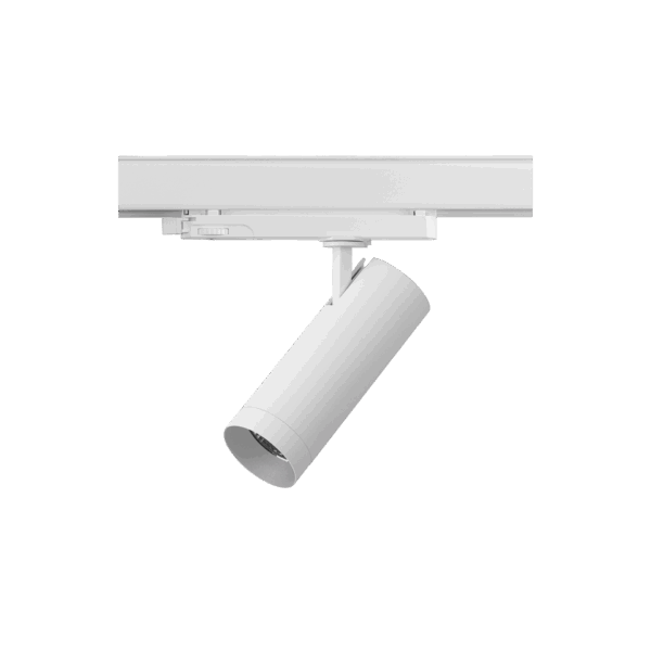White version of the Caro with white ring, a 220V track spot designed by Karizma Luce.
